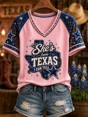 Women's She's From Texas I Can Tell Print Casual V-Neck Tee