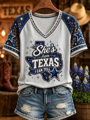 Women's She's From Texas I Can Tell Print Casual V-Neck Tee