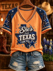Women's She's From Texas I Can Tell Print Casual V-Neck Tee