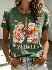 Women's Floral Faith Jesus Lover YHWH Printed T-Shirt