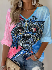 Women's Dog Art Printed Waffle T-shirt