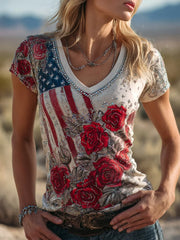 Women's America Flag Printed Casual V-neck T-Shirt