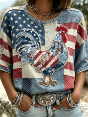 Women's Independence Day Animal Embroidery Print T-Shirt
