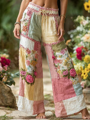 Women's Bohemian Floral Embroidery Art Contrast Color Linen Blend Casual Pants