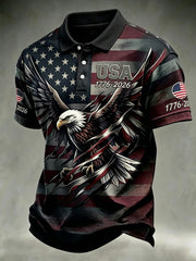 Men's Independence Day USA Flag Bald Eagle Print Casual Patriotic Polo