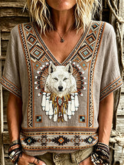 Women's Vintage Western Wolf Dreamcatcher Ethnic Aztec Print linen short-sleeved T-shirt