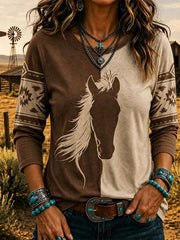Women's Western Horse Round Neck Long SLeeve T-shirt