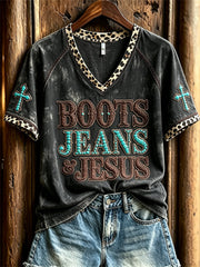 Women's Vintage Boots Jeans & Jesus Western Cross Leopard Print short-sleeved T-shirt