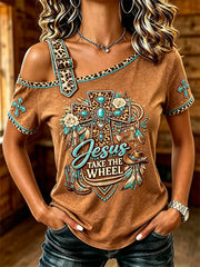 Women's Western Wind Element Pattern Printed Casual Off-the-Shoulder Short-Sleeve T-Shirt