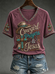 Women's Retro Western Cross V-neck Short Sleeve T-shirt