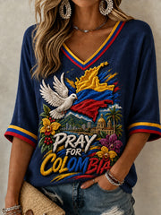 Women's Earthquake Support Pray For Colombia Mid-length Sleeves V-Neck T-Shirt