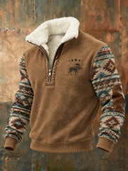 Men's Retro Western Printed Plush Stand Collar Shirt