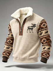 Men's Retro Western Print Plush Stand Collar Shirt