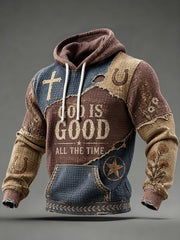 Men's Retro Western Faith Inspired Print Checkered Cotton Hoodie