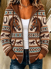 Women's Western Horse Print Knitted Coat