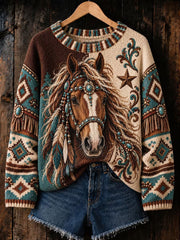 Women'sWestern Horse Print Crew Neck Sweater