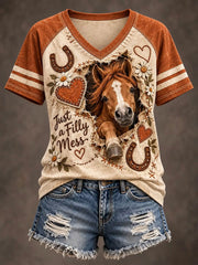 Women's Western Horse Print V-neck T-shirt
