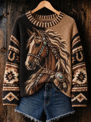 Women'sWestern Horse Print Crew Neck Sweater