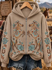 Women's Western Horse Art Zip-Up Hoodie