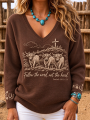 Women's Western Faith Lover Printed V-Neck Ribbed Top