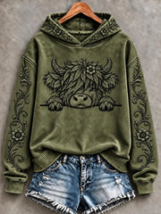 Women's Highland Cow Art Print Casual Hoodie
