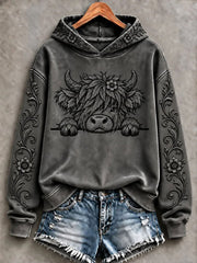 Women's Highland Cow Art Print Casual Hoodie