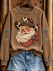 Women's Christmas Western Cowboy Santa Claus & Cross Print raglan sleeve sweatshirt