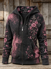 Women's Gothic Cross Pink Ribbon Roses Floral Pink Bleached Full Zip Hoodie