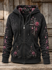 Women's Gothic Cross Pink Ribbon Roses Floral Print Full Zip Hoodie