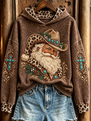 Women's Vintage Christmas Western Santa Claus & Cross Print Hoodie