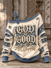 Women's Vintage God Is Good Denim Print Off-Shoulder Sweatshirt