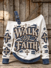 Women's Vintage Walk By Faith Denim Print Off-Shoulder Sweatshirt