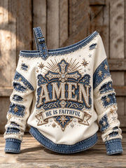 Women's Vintage Amen He Is Faithful Denim Print Off-Shoulder Sweatshirt