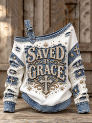 Women's Vintage Saved By Grace Denim Print Off-Shoulder Sweatshirt
