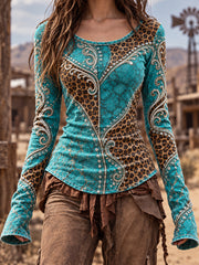 Women's Vintage Western Round-Neck Long-Sleeve T-Shirt