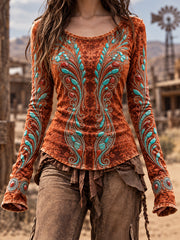 Women's Vintage Western Round-Neck Long-Sleeve T-Shirt