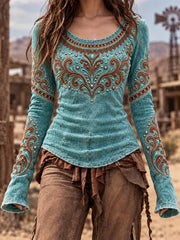 Women's Vintage Western Round-Neck Long-Sleeve T-Shirt