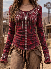 Women's Vintage Western Round-Neck Long-Sleeve T-Shirt