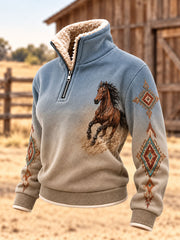 Women's Western Horse Art Print Fur Collar Top