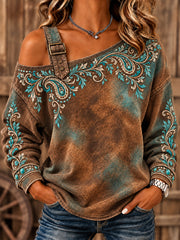 Women's Vintage Western Style Horses&Floral Art Printed Sweatshirt