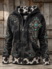 Women's Western-Style Cross Pattern Cow Print Casual Zip-Up Hoodie