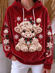 Women's Highland Cow Christmas Print Flannel Hoodie