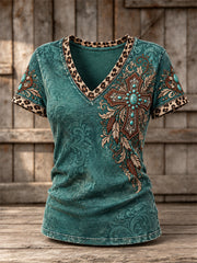 Women's Vintage Western Turquoise Cross Leopard Print short-sleeved T-shirt