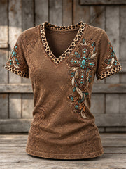 Women's Vintage Western Turquoise Cross Leopard Print short-sleeved T-shirt