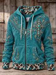 Women's Vintage Western Turquoise Cross Leopard Print Full Zip Hoodie