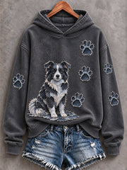 Women's Border Collie & Paw Prints Patchwork Print Casual Hoodie