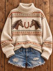 Women's Vintage Western Style Horses Lover Art Printed Sweater