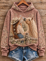 Women's Vintage Western Style Horses Lover Art Printed Sweatshirt