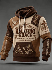 Men's Amazing Grace How Sweet The Sound Color-block Print Checkered Cotton Hoodie