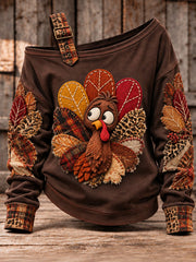 Women's Cute Thanksgiving Turkey Face Art Casual Off-Shoulder Sweatshirt